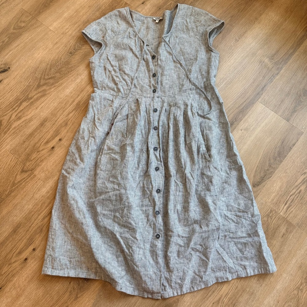 Noa Noa Grey Pinstripe Linen Cotton Button Front Midi Dress Womens Size M